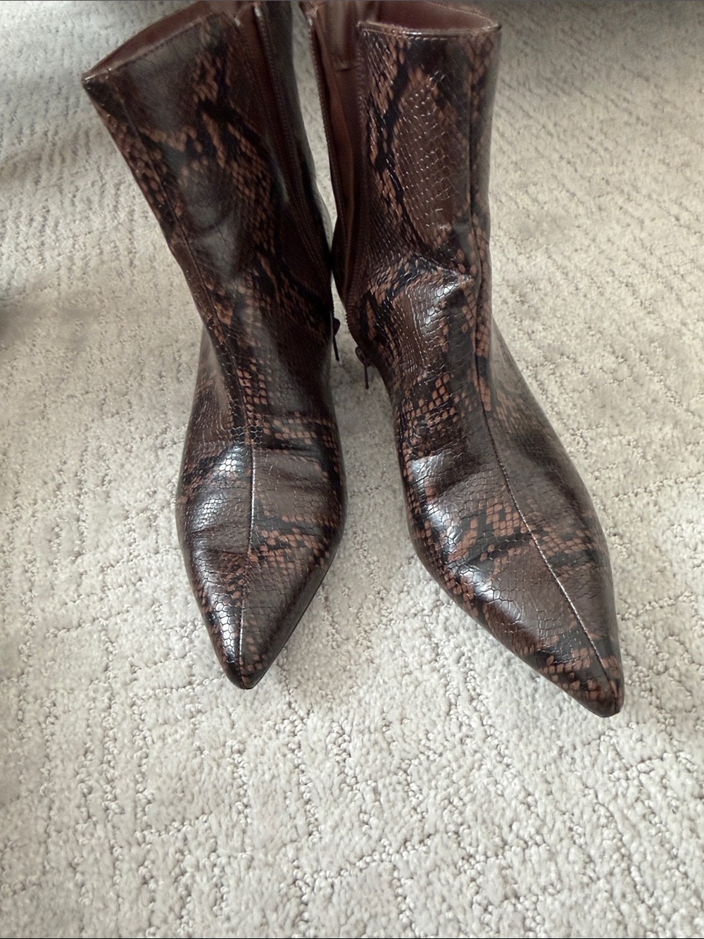 London Fog Brown Snake-Print Pointed Toe Ankle Boots